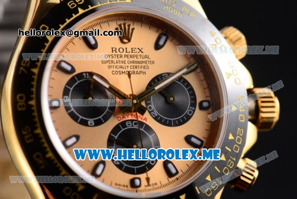 Rolex Daytona Clone Rolex 4130 Automatic Yellow Gold Case with Rose Gold Dial and Black Rubber Strap Black Subdials - 1:1 Original (BP) - Click Image to Close